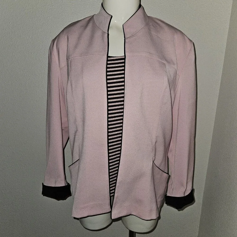 Dressbarn Pink Black Blazer Jacket Striped Tank Top Matching Set Size 10